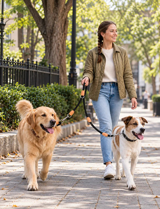 black A woman walking two dogs on a sidewalk using a black LuxryPaw multi-function hands-free nylon rope leash.