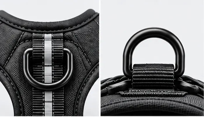 Close-up of lightweight yet durable aluminum D-rings on a LuxryPaw dog collar and harness, designed for secure and reliable leash attachment.
