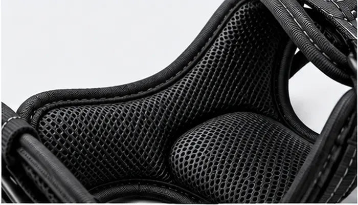 Close-up view of soft, breathable foam padding on the interior of a LuxryPaw dog harness, designed to prevent chafing and provide all-day comfort.