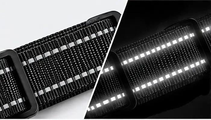 Enhanced evening safety with ultra-reflective straps on a LuxryPaw dog harness, ensuring your dog stands out in low-light conditions.