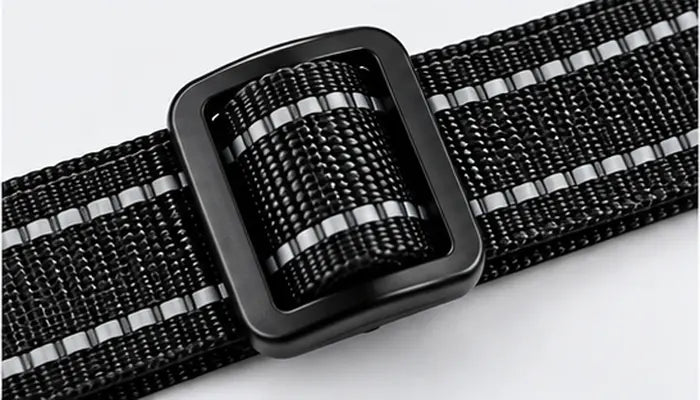 Close-up of durable, easy-to-slide adjustable strap hardware on a LuxryPaw dog collar and harness, ensuring a custom, secure fit for pets of all sizes.