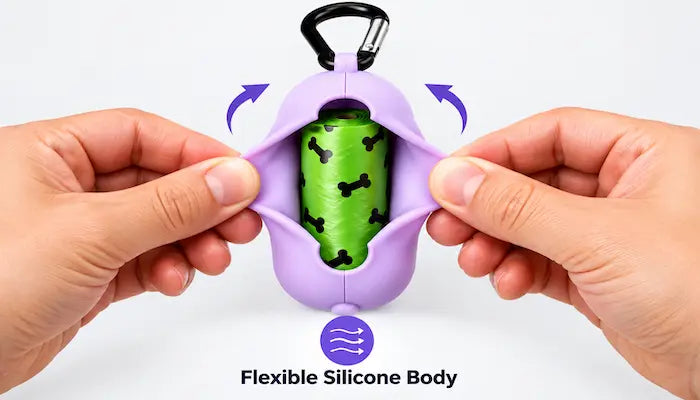 A pair of hands holding open a purple flexible silicone dog poop bag holder with a black carabiner clip, showing a green poop bag inside. Purple arrows and the text 'Flexible Silicone Body' indicate the product feature.
