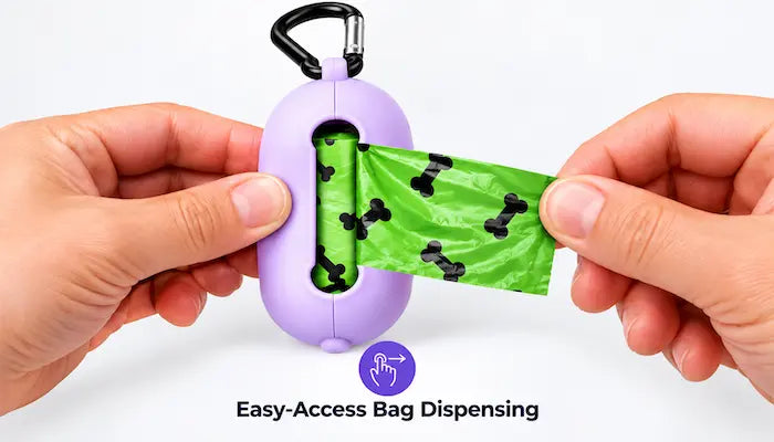 A person's hands are shown using a purple portable poop bag dispenser with a black carabiner. A green plastic bag with black bone-shaped spots is being dispensed.