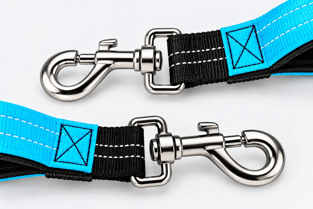 Two silver metal hooks closeup of Blue Luxrypaw bungee leash.