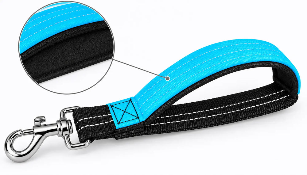 Closeup image of blue bungee leash hand grip. 