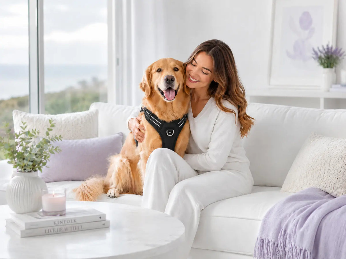 A woman in a white outfit sits on a white sofa with a golden retriever dog wearing a black harness. The scene is set in a bright, modern living room with a round coffee table, decorative pillows, and a window in the background.