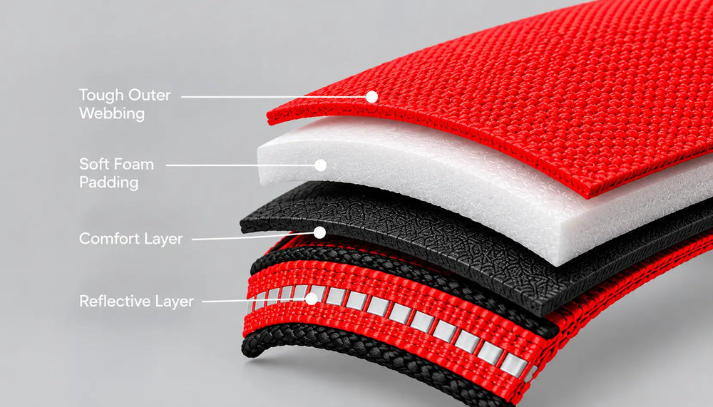 Close-up of a layered athletic strap or belt with labeled sections: Tough Outer Webbing, Soft Foam Padding, Comfort Layer, and Reflective Layer, shown on a light gray background.