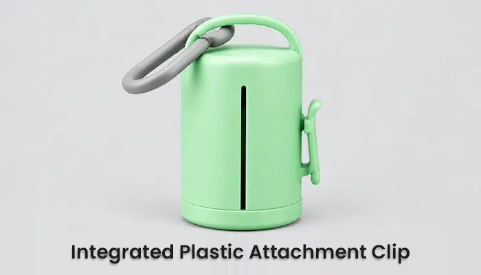 A mint green cylindrical container with an integrated gray plastic attachment clip on top, shown on a light gray background with the text 'Integrated Plastic Attachment Clip' below.