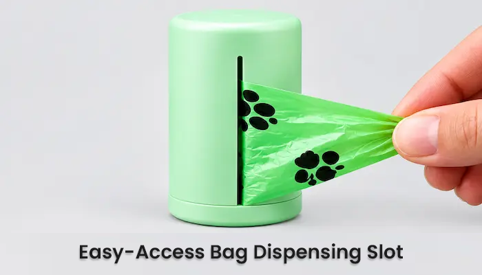 A mint green cylindrical pet waste bag dispenser with a black dispensing slot, shown with a hand pulling out a translucent green bag printed with black paw prints. Text at the bottom reads 'Easy-Access Bag Dispensing Slot'.