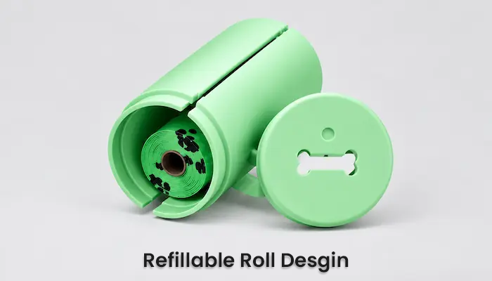 A mint green refillable roll canister for pet waste bags, shown open with a roll of black-labeled bags inside and a separate round lid featuring a bone-shaped cutout. Text at the bottom reads 'Refillable Roll Desgin'.
