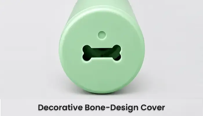 A close-up of a mint green cylindrical product end cap with a bone-shaped cutout, shown on a light gray background with the text 'Decorative Bone-Design Cover' below.