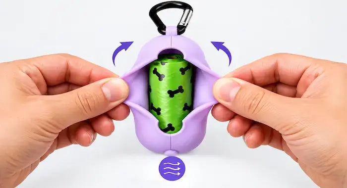 A purple dog poop bag holder with a carabiner clip at the top, being held open by two hands to reveal a green roll of dog poop bags inside. Purple arrows and a small icon indicate a squishy, flexible design.