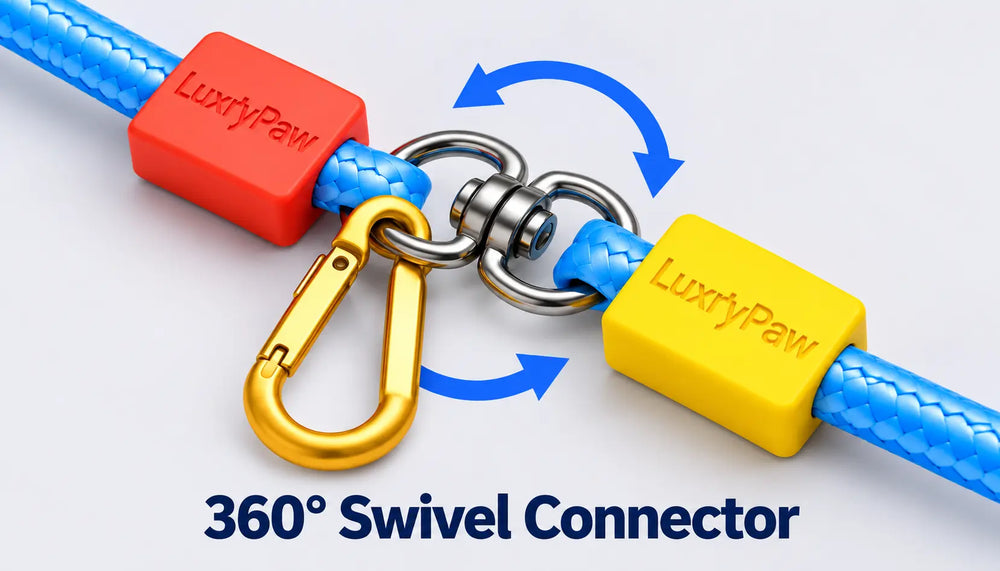 A close-up of a blue rope swivel connector with a gold carabiner, a red end cap labeled LuxtyPaw, and a yellow end cap labeled LuxtyPaw, shown on a light gray background with blue arrows indicating rotation and the text '360° Swivel Connector'.