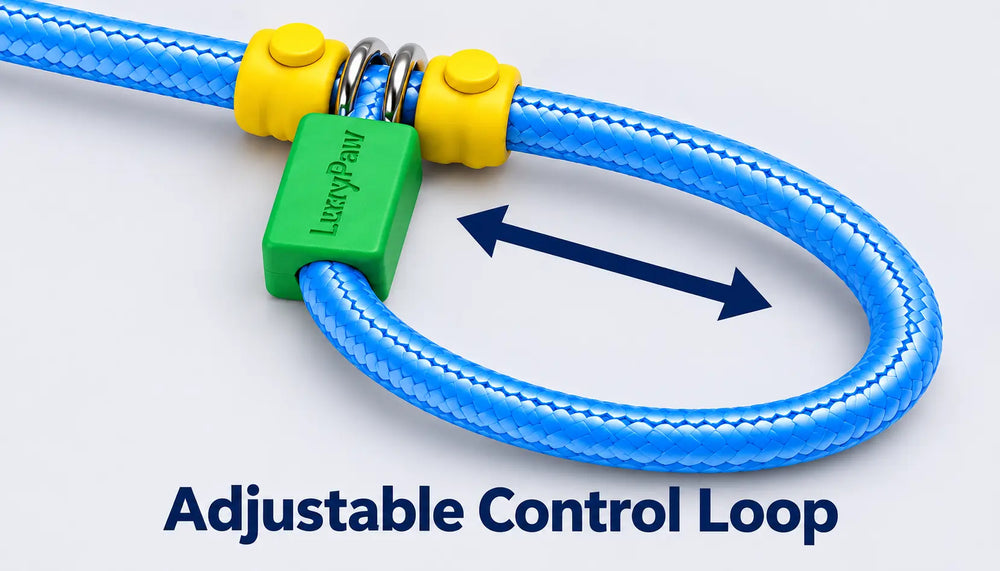 A blue braided rope with a green and yellow adjustable control loop clasp, shown on a light gray background with a dark blue double-arrow overlay and the text 'Adjustable Control Loop'.