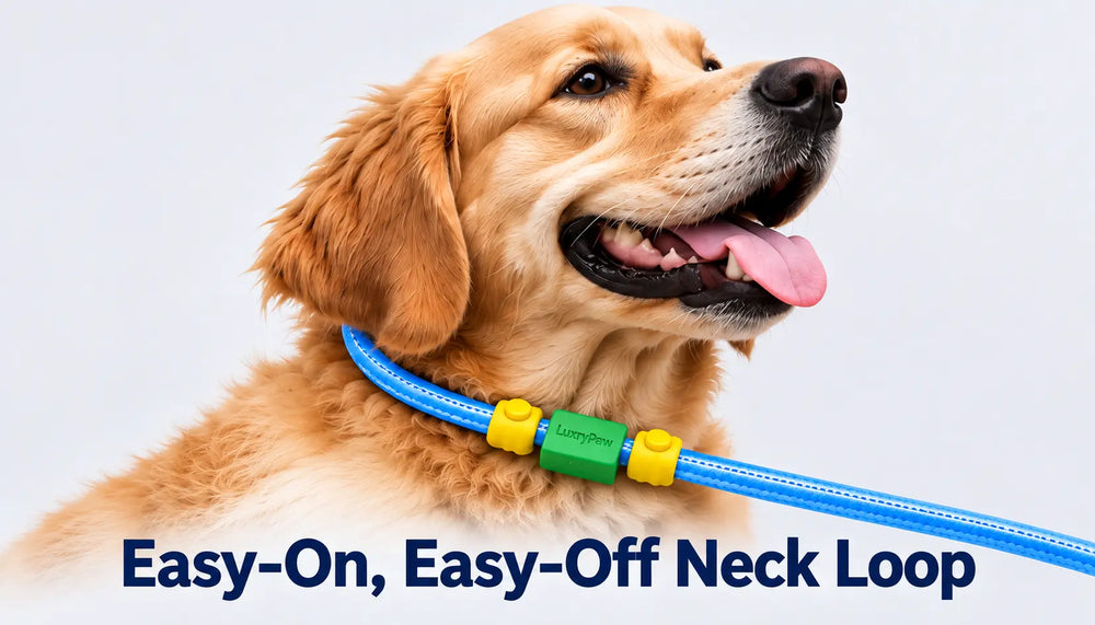 A golden retriever dog wearing a blue neck loop leash with yellow and green quick-release connectors, shown against a light gray background with the text 'Easy-On, Easy-Off Neck Loop' at the bottom.