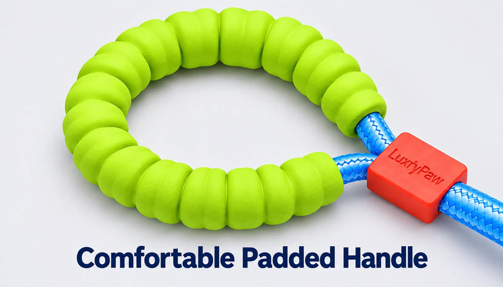 A lime green padded handle made of segmented, rounded foam-like pieces, attached to a blue rope with a red square connector labeled 'LuckyPaw'. The text 'Comfortable Padded Handle' is written at the bottom on a light gray background.