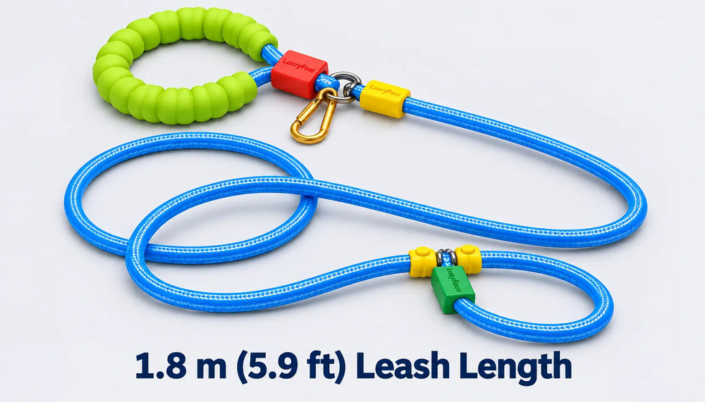 A blue braided dog leash with a bright green padded handle, red and yellow connector pieces, and a gold-tone clip, shown on a white background with text reading '1.8 m (5.