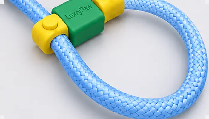 A close-up of a blue braided loop leash with yellow and green plastic hardware, featuring the brand name 'LuxyPaw' printed on the green section.