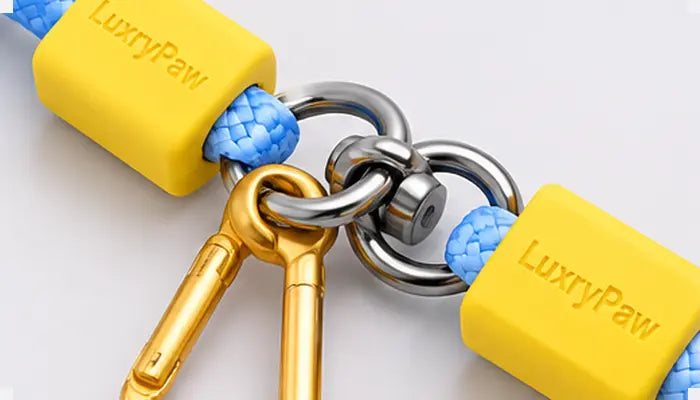 Close-up of a keychain with two bright yellow rectangular paws printed with the brand name 'LuxryPaw', blue braided rope loops, and metal key rings including gold and silver carabiners on a light gray background.