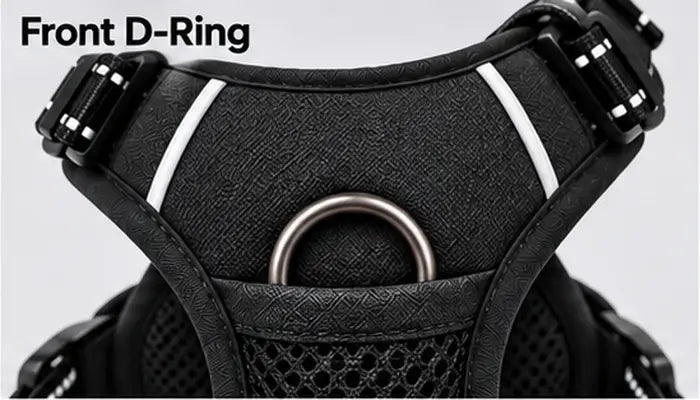 front D ring display of harness. Quality strong ring, allows any leash to connect
