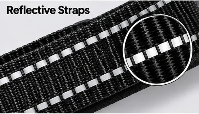 Close-up detail of high-visibility reflective straps on a LuxryPaw dog harness, designed to keep your pet safe and visible during nighttime walks.