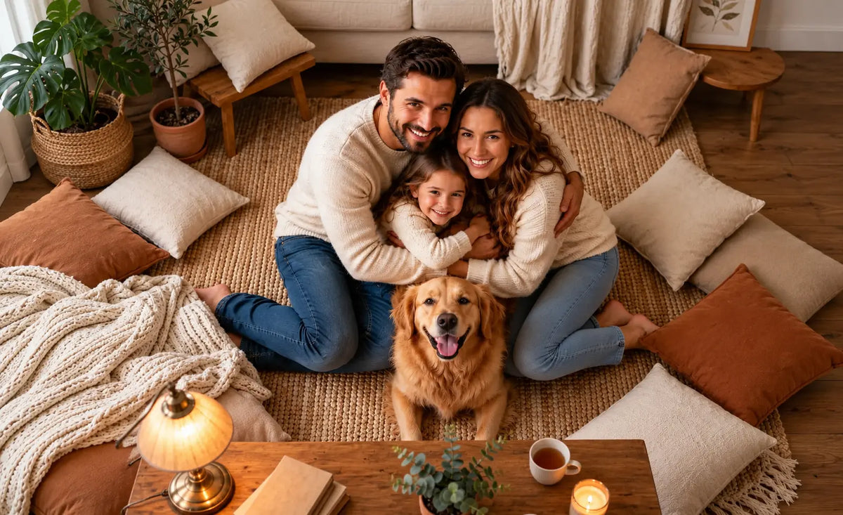 A cozy family scene in a warm, boho-style living room. A man and a woman sit on a woven jute rug on the floor, hugging a young girl who is sitting on their laps, with their golden retriever dog in the foreground.