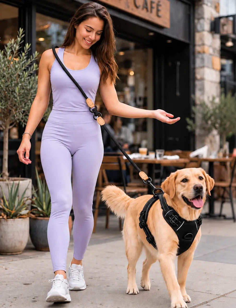 black LuxryPaw no-pull dog harness with reflective trim and back handle on a golden retriever walking with its owner