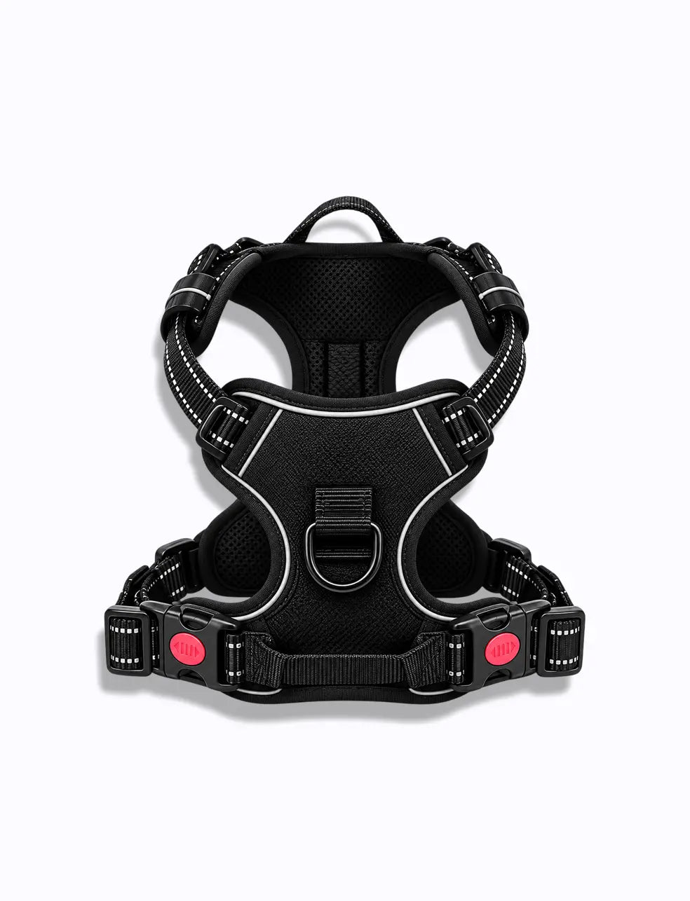 black LuxryPaw heavy-duty no-pull dog harness with reflective trim, locking buckles, and dual aluminum D-rings.