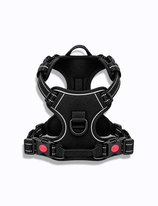 black LuxryPaw heavy-duty no-pull dog harness with reflective trim, locking buckles, and dual aluminum D-rings.