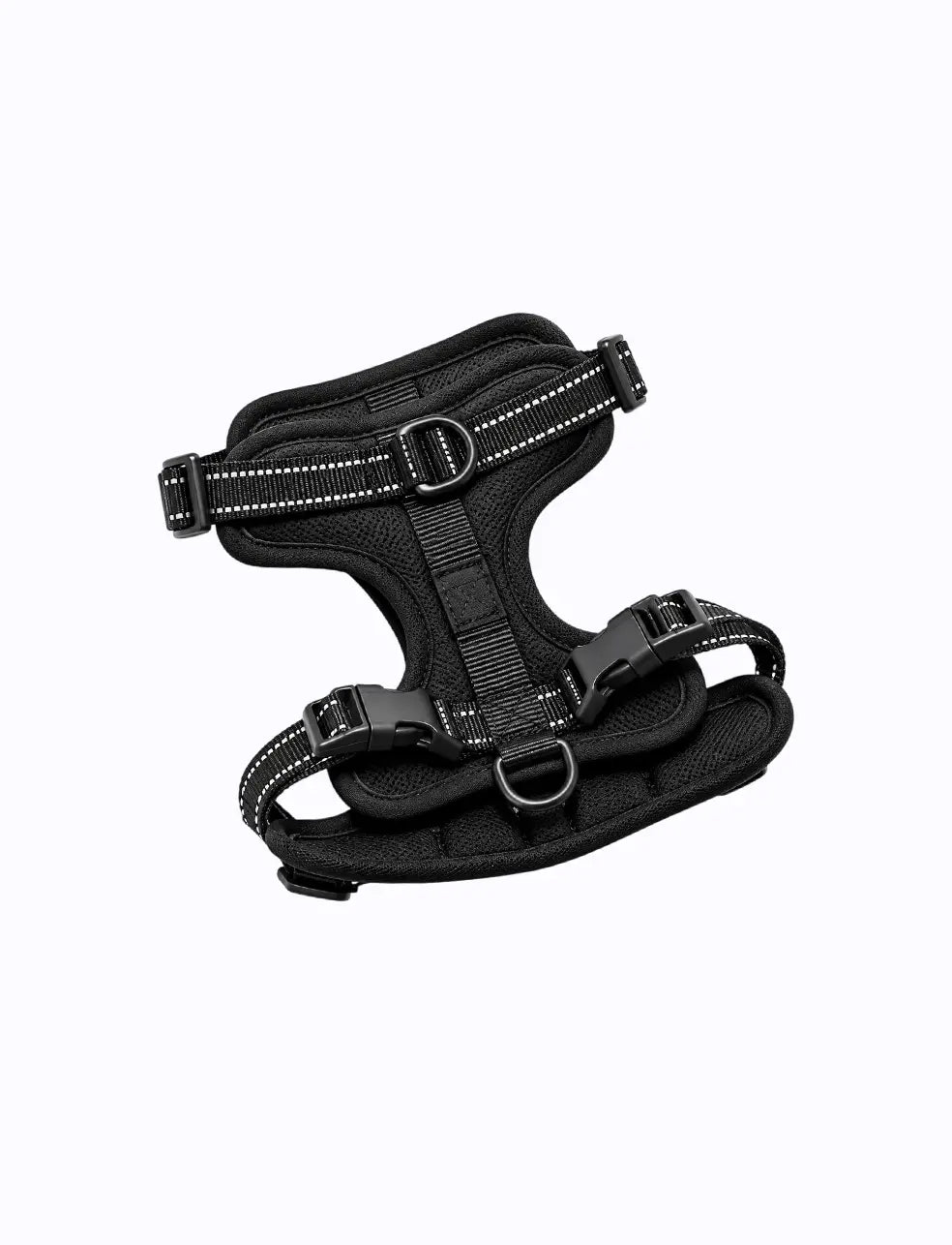 black LuxryPaw heavy-duty no-pull dog harness with reflective trim, padded interior, and dual aluminum D-rings.