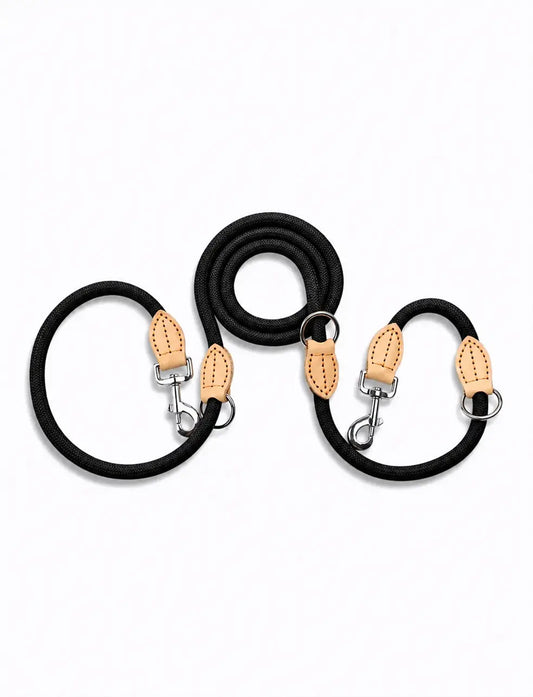 black LuxryPaw multi-function black nylon rope dog leash with tan leather accents and dual metal swivel hooks