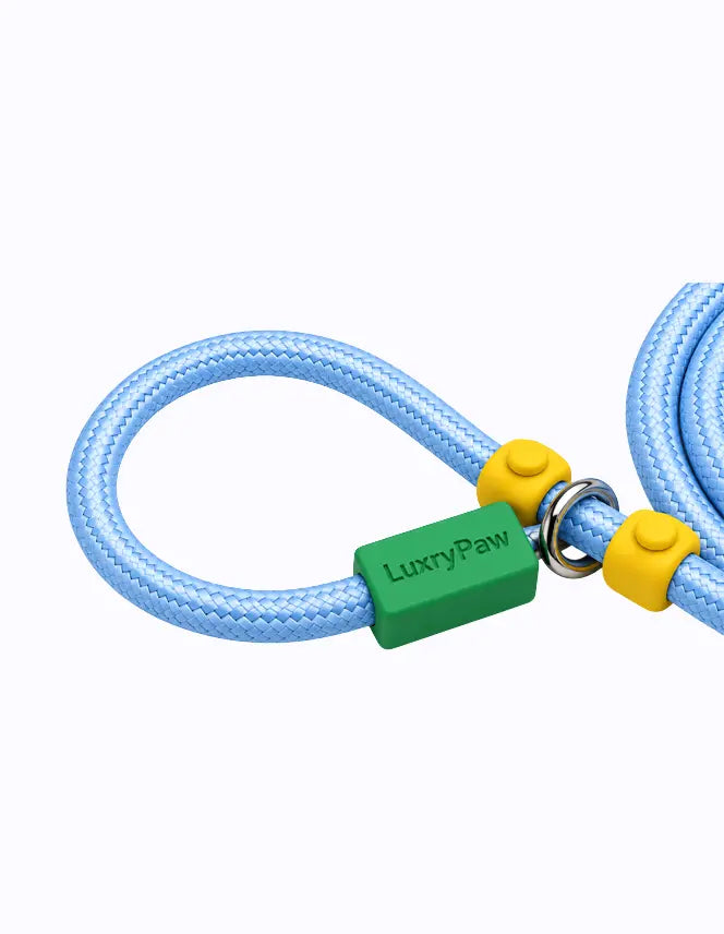 blue LuxryPaw light blue braided nylon rope dog leash with a green cushioned handle and yellow accents