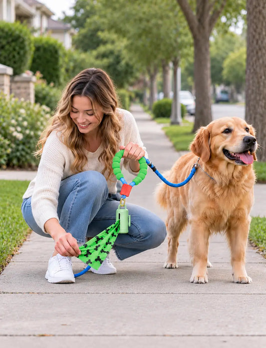 LuxryPaw pet waste bag holder attached to a dog leash while a woman walks her golden retriever on a sunny sidewalk