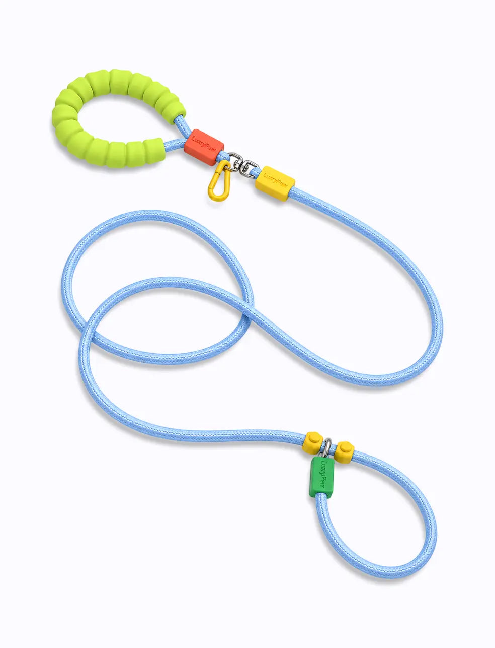blue LuxryPaw braided rope dog leash in blue with a lime green foam handle and colorful accents on a white background