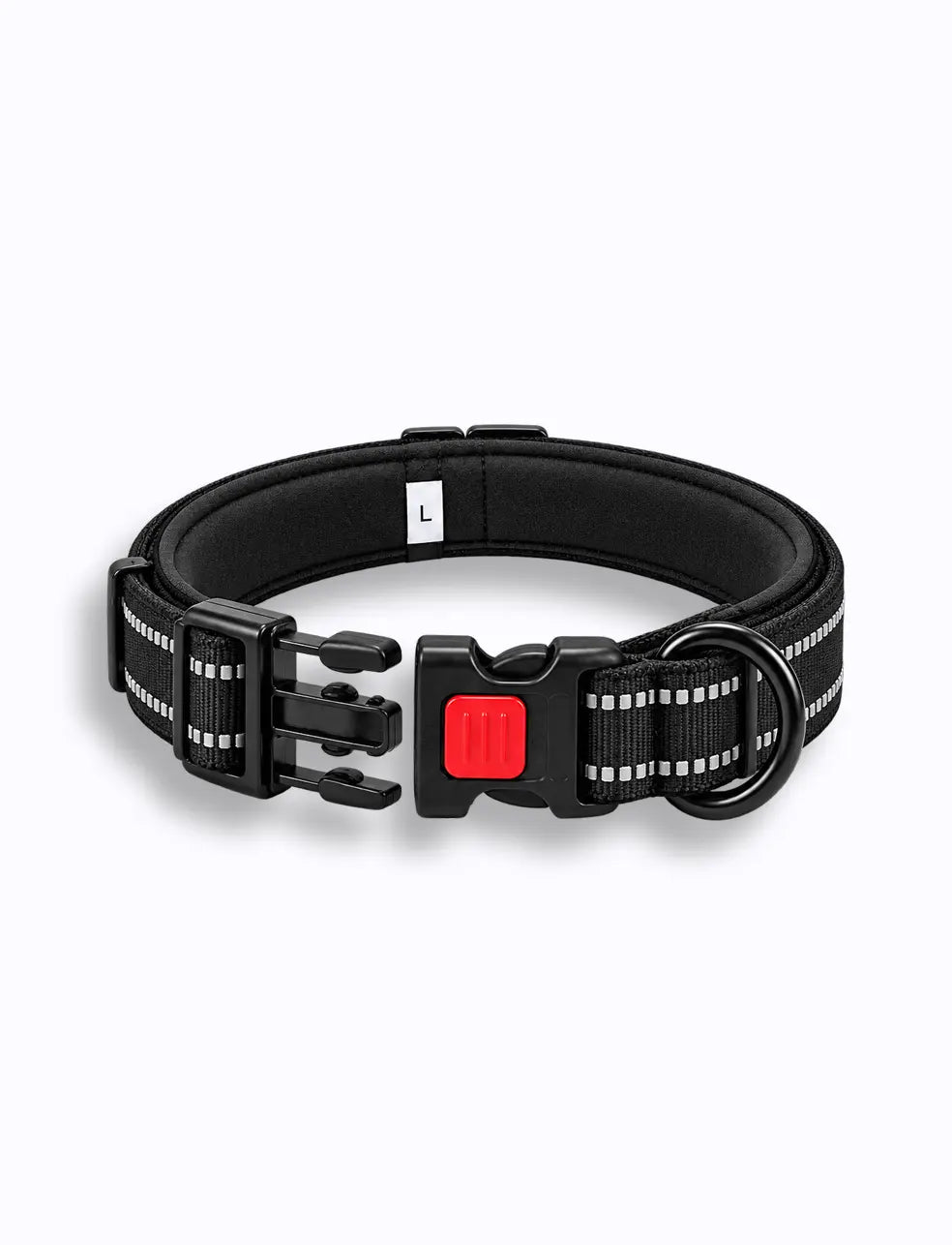 black LuxryPaw breathable dog collar with reflective strips, soft padding, and a secure locking buckle.