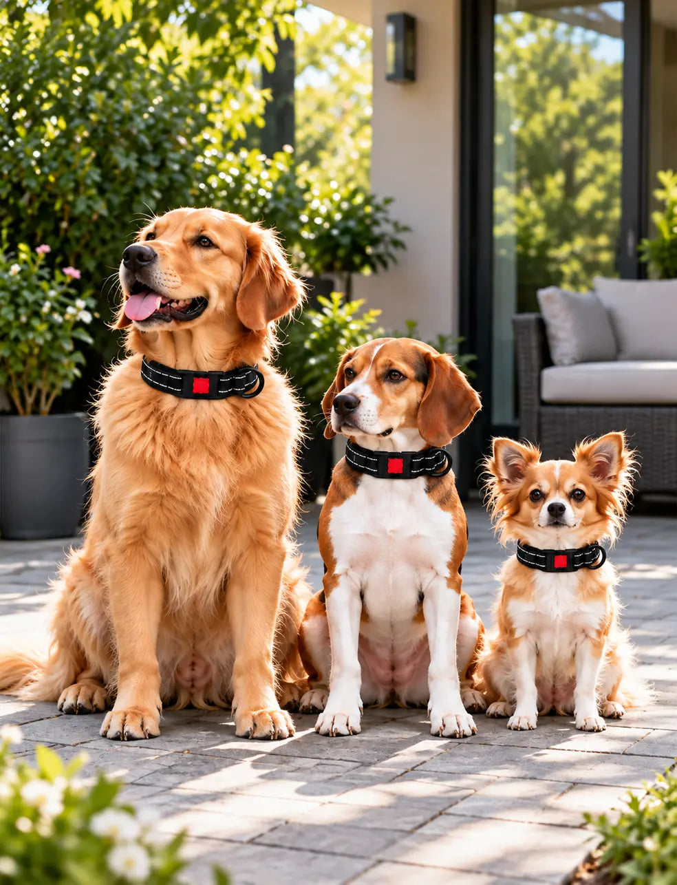 black Three dogs of different breeds wearing black LuxryPaw reflective dog collars while sitting on a patio.