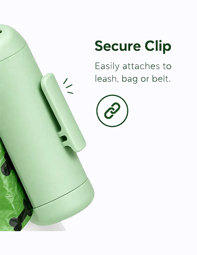 LuxryPaw light green pet waste bag dispenser with a secure clip for easy attachment to leashes or bags.