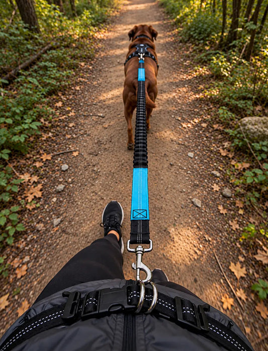blue LuxryPaw hands-free bungee dog leash with dual handles and waist belt attached to a person walking a dog on a trail
