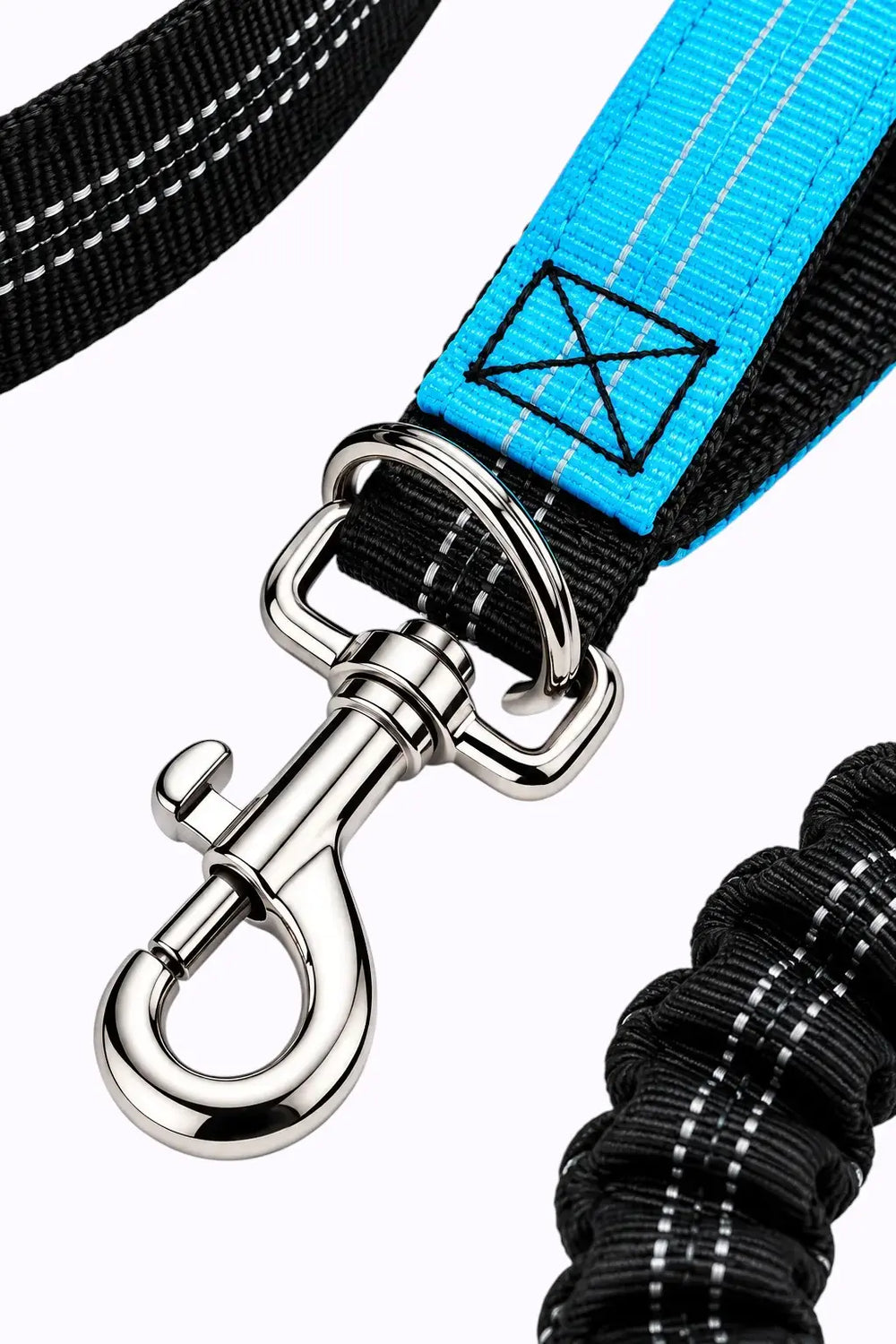 blue Close-up of a dog leash with a black and bright blue woven strap, white stitching, a silver metal swivel clasp, and a black braided section on a white background.