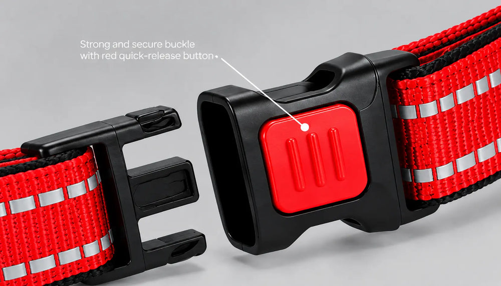 Close-up of a red reflective strap with a black buckle and a red quick-release button, shown on a light gray background with a callout label.