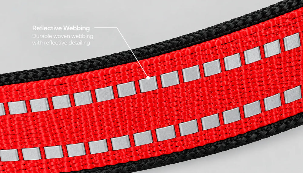 Close-up of a red reflective webbing strap with black braided edges and repeated silver reflective squares, shown on a light gray background with a callout reading 'Reflective Webbing'.
